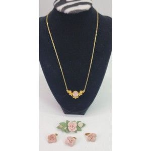 VTG Ceramic Pink Rose Bud Flower Brooch Lapel Pin Clip On Earrings Necklace Lot